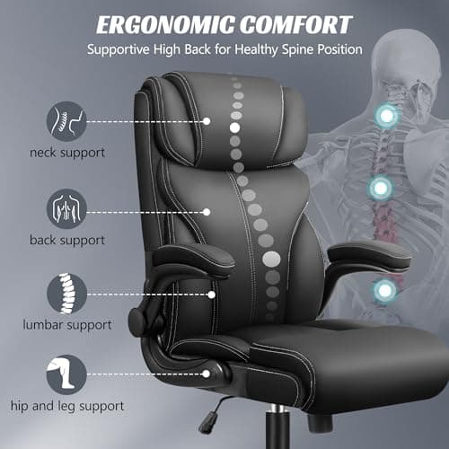 HeroSet Office Chair, Ergonomic Big and Tall Computer Desk Chairs, Executive Breathable Leather Chair with Adjustable Flip-up Armrests, Lumbar Support Swivel PC Chair with Rocking Function 5