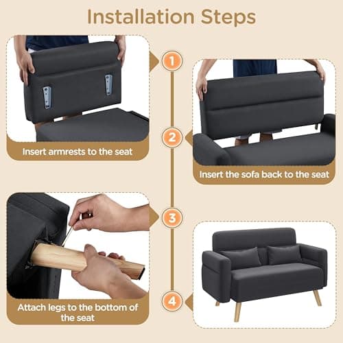 Yaheetech 46" Small Modern Fabric Sofa Loveseat Mid Century 2 Seater Sofa Couch with Lumbar Pillows, Solid Wood Legs for Living Room, Small Space, Dorm, Office, Bedroom, Dark Gray 7