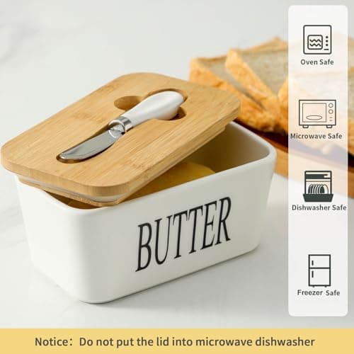 Butter Dish with Lid - Hasense White Ceramic Buter Dish with Airtight Cover and Knife for Countertop, Large Butter Holder Keeper Container with Silicone Sealing Ring for West East Coast 6