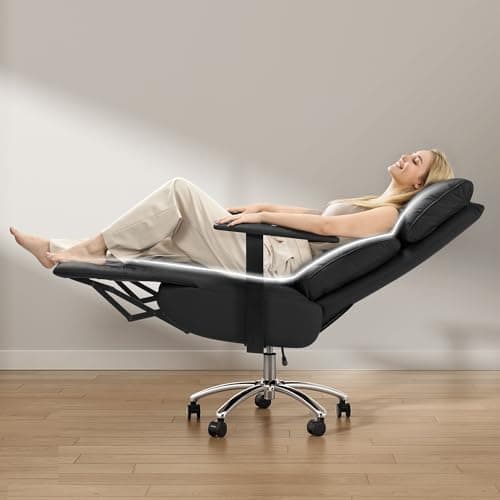 OKUP Reclining Office Chair with Adjustable Headrest and Footrest, 170° Ergonomic Comfortable Office Chair Zero Gravity, Leather Executive Home Office Desk Chair (Black)