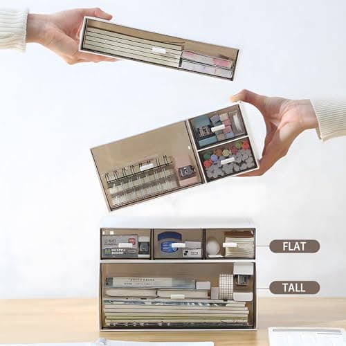 OSteed Desk Craft Organizer and Storage with 7 Flat Drawers, Stackable Plastic Desktop Accessories & Workspace Organizer for Office Stationary, Makeup Skincare, Sanitation Supplies, White 8