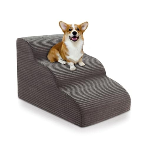 Curved Dog Stairs Ramp for Beds Couches and Chair, 15.7" H, 3-Step Dog Steps for Small Dogs, Pet Stairs for Cats with Non-Slip, Removable and Washable Cover,Balanced Pet Steps Indoor, Deep Grey