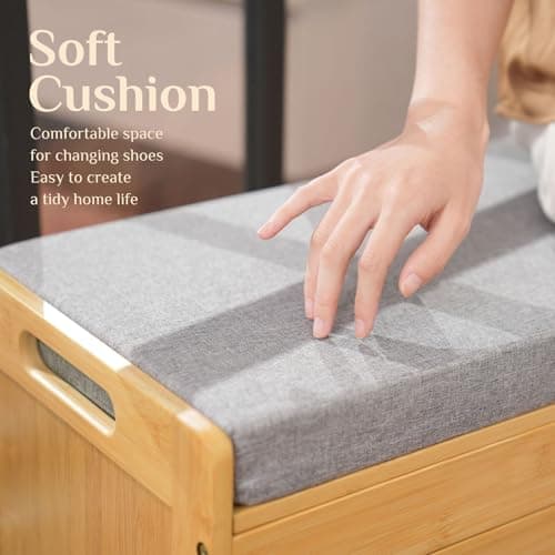 oakvivo 35.4in Shoe Storage Bench, Bamboo Entryway Bench with Lift Top Storage & Padded Seat Cushion, 2-Tier Shoe Rack Cabinet with 2 Doors for Entryway, Living Room, Bedroom, Mudroom, Natural 9