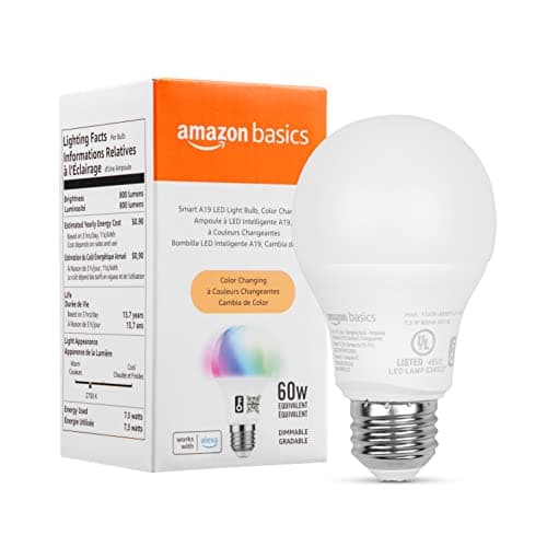Amazon Basics Smart A19 LED Light Bulb, Color Changing, 60W Equivalent, 800LM, Works with Alexa Only, 2.4 GHz Wi-Fi, No Hub Required, 1-Pack