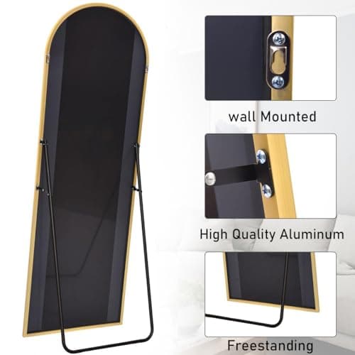 ZMYCZ Arched Floor Mirror, 56"x20" Full Length Mirror, Standing Mirror Hanging or Leaning, Body Mirrors with Stand, Wall Mounted Arched-Top Mirrors with Aluminum Frame for Bedroom (Gold) 6