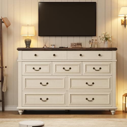 Jocoevol 9 Drawer Dresser for Bedroom, 54" Wide Bedroom Dressers with Drawers, Dresser Farmhouse with Natural Texture, Vintage Design Wide Dressers for Living Room, Entryway, White 4