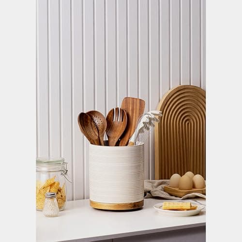 Utensil Holder, 360° Rotating Extra Large Ceramic Kitchen Utensil Holder for Countertop, 7.3“ Cooking Utensil Crocks for Kitchen Counter with Rotatable Wooden Base, Farmhouse Decor, Arctic White 5