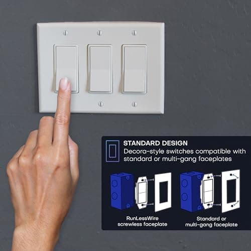 RunLessWire Single Pole Battery-Free DIY Wireless Light Switch Kit 150ft RF Range Self-Powered by Kinetic Energy for Fixtures & Outlets : 1 Remote Switch Controls 1 5A On/Off Receiver – White 6