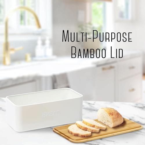 OUTSHINE White Bread Box for Kitchen Countertop, Small Storage Container with Bamboo Lid, Modern Kitchen Organizer for Sourdough, Buns, and Loaves, Bread Storage with Cutting Board Lid 5