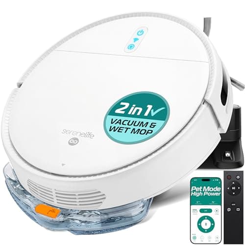 SereneLife Automatic Robot Vacuum Cleaner and Mop Combo, App Control, 3 Cleaning Modes, Smart Anti-Fall Sensors, Self-Charging, High Suction Ideal for Pet Hair, Carpet and Hard Floors, White