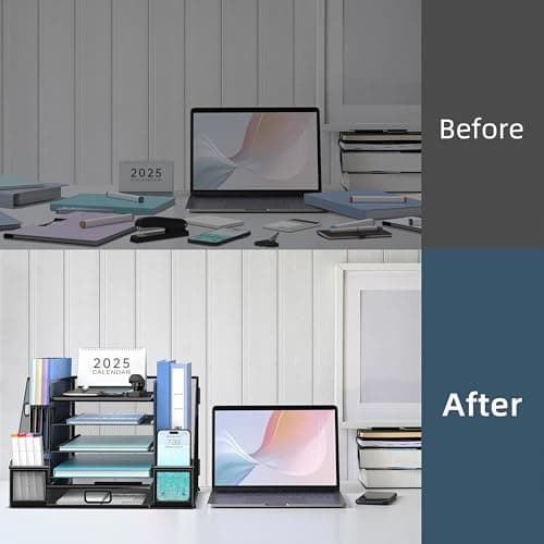 SUPEASY Mesh Desk Organizer with File Holder, 5-Tier Paper Letter Tray Organizer with Magazine Holder, Desktop Organizer and Storage with Drawer for Office Supplies Home or School (Black) 5