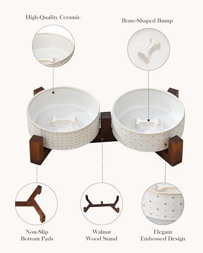 MALACASA Dog Bowl Set with Walnut Wood Stand, 1.5 Cups Ceramic Pet Bowls for Puppy Dogs, Dual Food and Water Bowls with Weighted Non-Slip Base, Basic Bowls for Your Dog or Cat, Rhombic & Polka Dots 5
