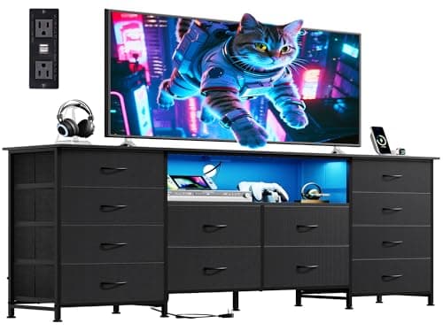 WLIVE 12 Drawer Dresser for Bedroom, Black Dresser TV Stand for 65, 70, 75 inch TV with Led Light & Charging Station, Wide Chest of Drawers with Open Shelves, Fabric Dressers for Closet, Living Room