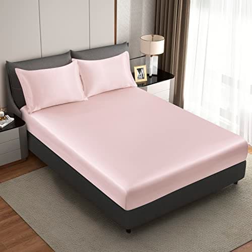 HommxJF Silk Satin Blush Pink Twin Fitted Sheet, Deep Pocket Fitted Sheet Only, Breathable, Non- Fading, Fully Elasticized Bed Sheets Sold Separately