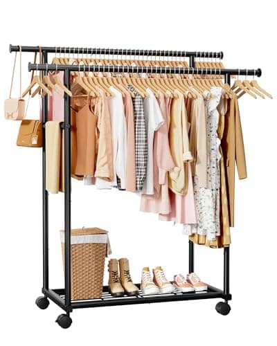 Sakugi Metal Clothes Rack - Double Rod Clothing Rack with Fixed Design and Rolling Wheels, Coat Rack with Built-In Shelf for Closet Organizers and Storage (38.5" x 16.9" x 59.0", Black)