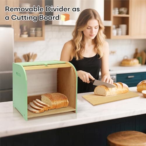 Thalomely Bread Box for Kitchen Countertop, Double Layer Bamboo Bread Storage Container for Homemade Bread, Roll Top Bread Box with 3 Adjustable Height for Kitchen Counter, Cyan Breadbox Organizer 7