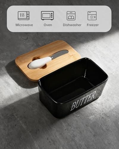 GVUHR Ceramic Butter Dish with Lid And Knife，Airtight Butter Crock with Lid for Countertop，Premium Large Butter Container for Refrigerator，Butter Tray for Butter Storage (Black) 6