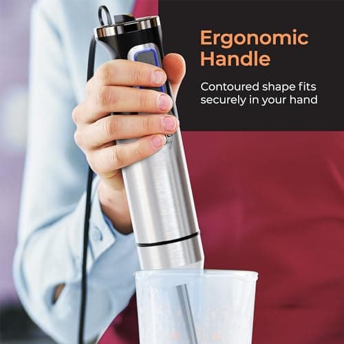 MuellerLiving Ultra-Stick Immersion Hand Blender, 500W Heavy Duty Motor, 8-Speed Turbo Setting, Includes Blending Shaft, Whisk, Milk Frother & Measuring Beaker 7