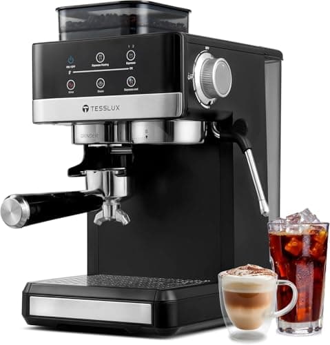 tesslux 20 Bar Espresso Machine with Grinder, 20 Grind Settings, Hot & Cool Brew Functionality, Powerful Frothing System, Compact Design - Perfect for Home Baristas