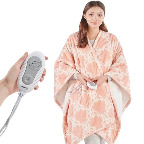 Degrees of Comfort Heated Sherpa Wrap Shawl, Cozy Winter Electric Blanket Throw, for Grandma Mom Women, Washable, Auto Shut-Off, Reversible 50 x 64 Inch, Blush Lattice