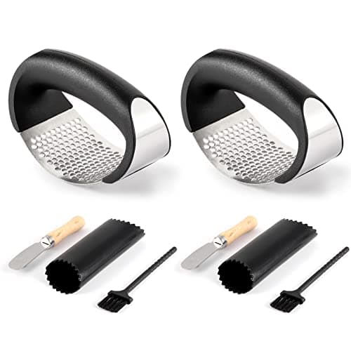 2 Pack Garlic Press Rocker, Stainless Steel Garlic Mincer with 2 Peelers, 2 Scrapers and 2 Brushes | Garlic Crusher Garlic Chopper for Smashing Garlic