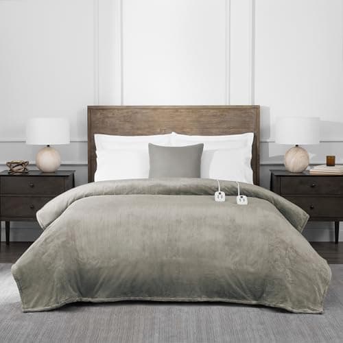 Brookstone Electric Heated Plush Blanket w/ 10 Heat Settings - Adjustable Timer, 12-Hour Auto Shut Off - Machine Washable & Dryer Safe - Polyester Velvet Blanket, Twin Size 62in x 84in - Taupe