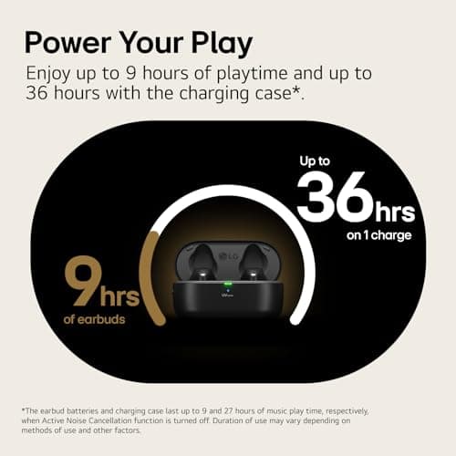 LG Tone Free T80 Dolby Atmos True Wireless Earbuds with Adaptive Noise Cancelling, IPX4 Water Resistant, Up to 36 Hours of Battery Life, Black 7