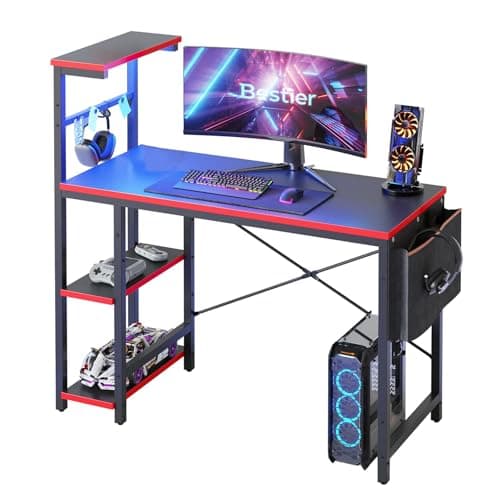 Bestier Gaming Desk with LED Lights, 44 Inch PC Gamer Desk for Small Spaces, Computer Desk with Reversible Storage Shelves & Side Storage Bag (Black 3D Carbon Fiber)