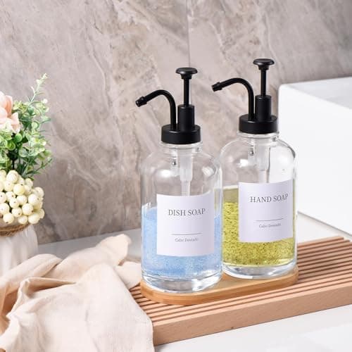 Glass Soap Dispenser with Pump, Dish and Hand Soap Dispenser for Kitchen Bathroom Set, Clear Glass Dispenser Set of 2 Pack with 18 Stickers Funnel Bamboo Tray 500ml 18oz / Each Bottle Sliver Pump 8