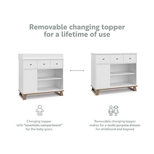 Storkcraft Modern Nursery Changing Table Dresser Combo (White & Vintage Driftwood) – GREENGUARD Gold Certified, Dresser for Nursery, Changing Table with Drawers, Removable Changing Table Topper 5