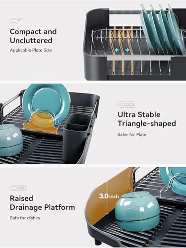 SUNLY Dish Drying Rack, Expandable Dish Racks for Kitchen Counter, Space Saving Kitchen Drying Rack with Sleek & Modern Design, Rust Proof Stainless Steel Dish Drainers with Utensil Holder, Deep Gray 5