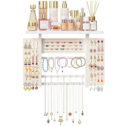 Emfogo Jewelry Organizer Hanging Wall Mounted Jewelry Holder, 5-in-1 Large Capacity Necklace Organizer Wall Hanging Jewelry Display for Ring, Necklaces, Bracelets, Earrings (White)