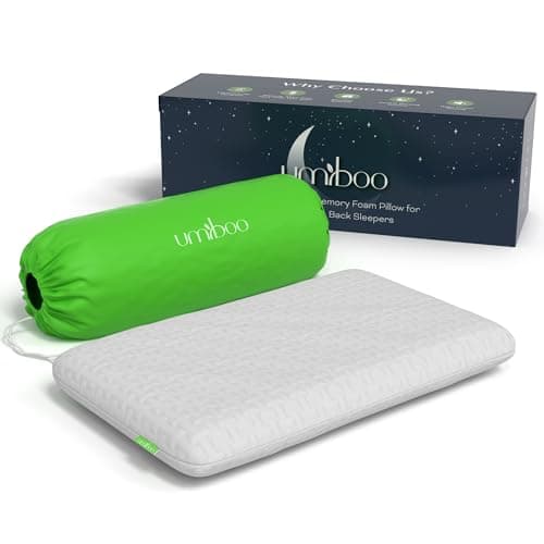 Umiboo Focus 2.6-Inch Low Profile Gel Memory Foam Pillow for Stomach or Back Sleepers with Polyester Bamboo Cover and Case for Travel and Eye Mask (White)