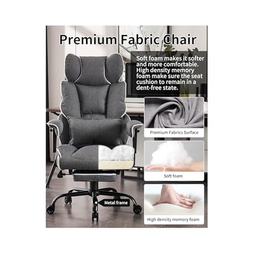 Efomao Fabric Office Chair, Big and Tall Office Chair 400 lb Weight Capacity, High Back Executive Office Chair with Foot Rest, Ergonomic Office Chair for Back Pain Relief, Gray 5