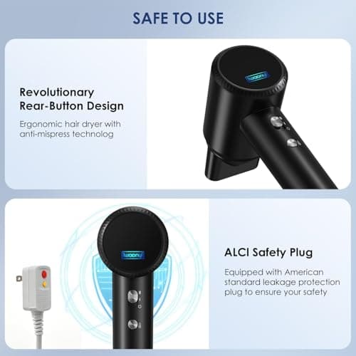 Hair Dryer - 150000 RPM High-Speed Blow Dryer with Negative Ionic Care for Fast Drying. Lightweight, Low Noise Design with 4 Temps/2 Speeds and Magnetic Nozzle (Black) 6