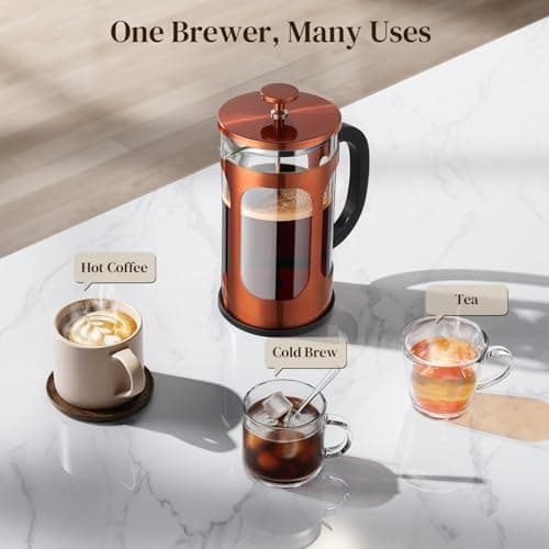 Veken French Press Coffee Maker 34oz 1 L, No Plastic Touching Cafe, Heat Resistant Thickened Borosilicate Glass, Stainless Steel Brewer, Cold Brew Cafetera Teapot for Kitchen Travel Camping, Copper 9