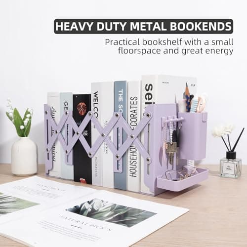 ALKALO Adjustable Bookends, 19" Metal Book Ends for Heavy Books, 2 Dividers Bookends with Removable Pen Holder, Tray, and 3 Hook-up, Book Organizer for Office, School, Bookstore, Home 7
