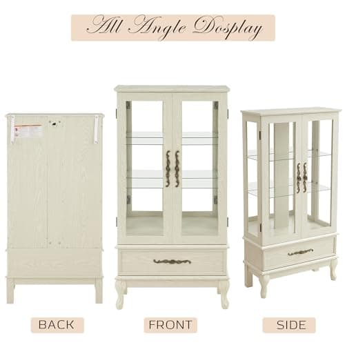 52" Lighted Accent Curio Cabinet, 3-Tier Antique Storage Cabinet with Tempered Glass Adjustable Shelves & Drawer, Acrylic Panel, Light Blub Included, China Display Case for Living Room (Antique White) 9
