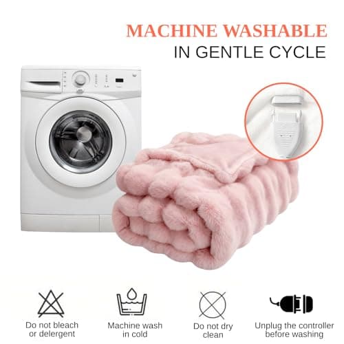 Electric Heated Blanket Throw 50"x60" Pink Ultra Soft Luxury Fluffy Faux Rabbit Fur Machine Washable 6 Heat Settings 4 Hours Auto Off Overheat Protection for Home Office Use 7
