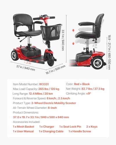 VEVOR 2025 Upgraded 3 Wheel Folding Mobility Scooter for Adults & Seniors,Electric Powered Mobility Scooter & 12 Mile Long Range, All Terrain Travel Wheelchair with 9° Climbing, 265lb Capacity 6