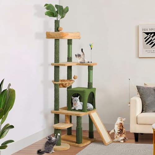 YITAHOME Tall Cat Tree Tower with Leaves for Indoor Cats, 72.8in Cute Cat Climbing Tower with Self-Grooming Brush, Cat Condo, Top Perch, Basktet, Sisal Scratching Posts and Board, Dangling Ball