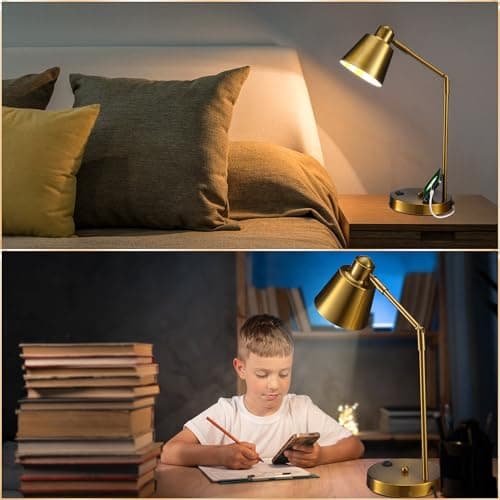 Anxingtools LED Desk Lamp with Dual USB Charging Ports, 100% Metal, 270° Swivel Arms, Soft White Light (3000K), Bedside Reading Lamp, Home Office Lamp(Golden) 7