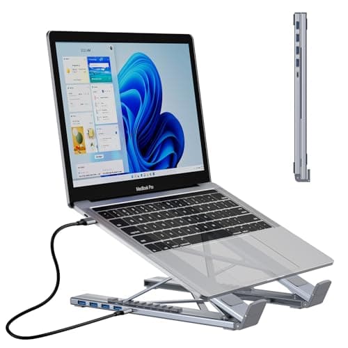 Umaniy M61 USB C to USB Hub Portable Laptop Stand, Aluminum 4 Ports USB3.0 Multiport Adapter Adjustable Laptop Docking Station Stand Compatible with MacBook Pro/Air, Chromebook, Keyboard, Mouse, HDD