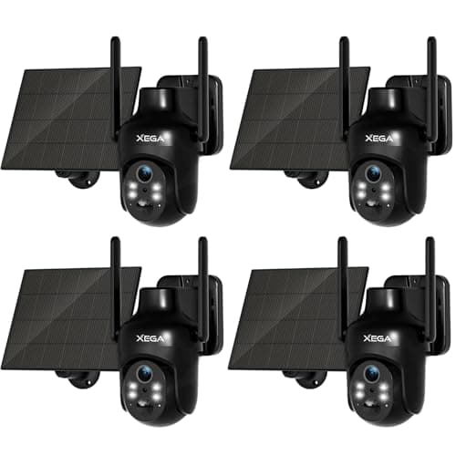 Xega 4 Pack Security Camera Wireless Outdoor, 2K PTZ Camera WiFi Surveillance Rechargeable Battery with Solar Panel, Color Night Vision, 2-Way Audio, PIR Motion Detection, Spotlight & Siren, IP66