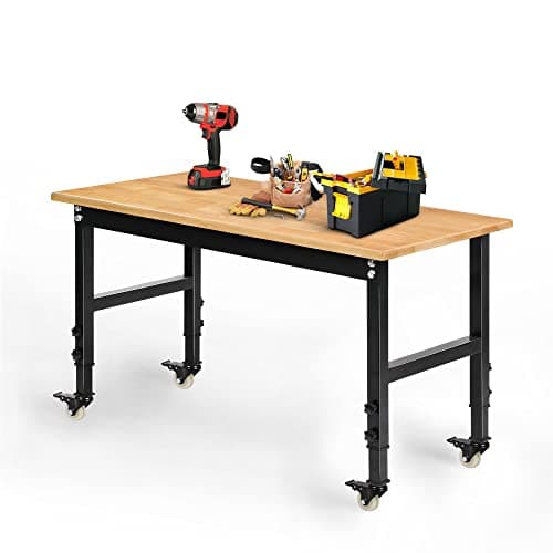 Betterhood 48" Heavy-Duty Adjustable Workbench for Garage, Rubber Wood Shop Table W/Metal Wheels, Hardwood Workstation Weight Capacity Over 2000 Lbs with Wheels