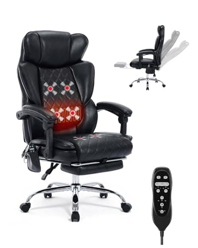 Massage Chair with Footrest and Wider Upholstered Seat, Ergonomic Executive Vibration & Heat Office Chair for Heavy People, Big and Tall Reclining Desk Office Chair for Home Office, Black