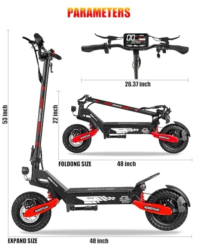 EOEOTWO Off Road Electric Scooter, 1200W Fast Electric Scooter, 25/45Miles, 31MPH/40MPH E-Scooter for Adults, Heavy Duty 300+ lb Capacity, Full Suspension (48V 13Ah, Red) 7