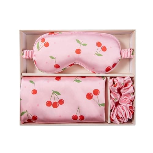 Glampton Slumber Satin Beauty Sleep Set, Cherry, 3-Piece Set with Pillowcase, Eye Mask, and Scrunchie 2