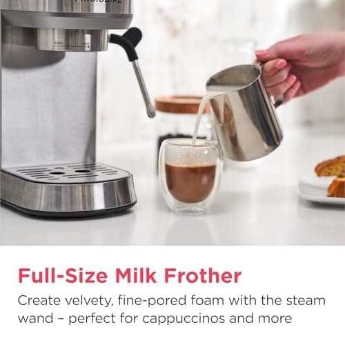 Frigidaire Steam Espresso Maker, Coffee Machine with Milk Frother & Cup Warmer, 20 Bar Pressure, 34 oz Removable Water Tank, Single or Double Shot, Stainless Steel 8
