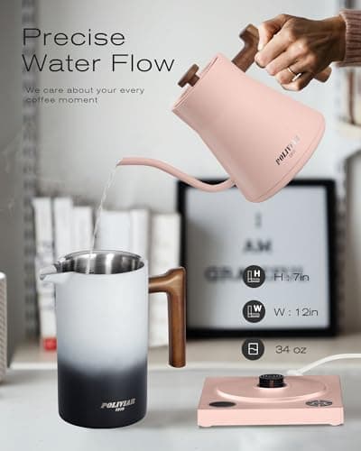 POLIVIAR Electric Gooseneck Kettle, 1200W Electric Tea Kettle Real Wood Handle, 34oz Pour Over Electric Kettle for Coffee & Tea, 18/8 Stainless Steel Inner, Temperature Control & Rapid Heating 6